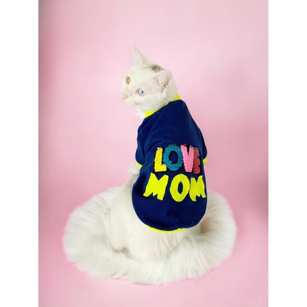 Hediye Paketli, Anneye Hediye, Love Mom Neon, Oval Yaka Tişört Kedi Kıyafeti,Elbisesi, Anneler Günü, Anne