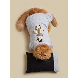 Milky Moo Moo Dreams Kedi Tulumu ve Mini Yastık Takımı | Gri Melanj Kalın Penye Kedi Pijaması | Yumuşak İnek Oyuncak Aksesuarlı