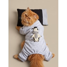 Milky Moo Moo Dreams Kedi Tulumu ve Mini Yastık Takımı | Gri Melanj Kalın Penye Kedi Pijaması | Yumuşak İnek Oyuncak Aksesuarlı