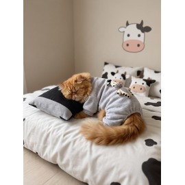 Milky Moo Moo Dreams Kedi Tulumu ve Mini Yastık Takımı | Gri Melanj Kalın Penye Kedi Pijaması | Yumuşak İnek Oyuncak Aksesuarlı