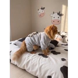 Milky Moo Moo Dreams Kedi Tulumu ve Mini Yastık Takımı | Gri Melanj Kalın Penye Kedi Pijaması | Yumuşak İnek Oyuncak Aksesuarlı