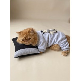 Milky Moo Moo Dreams Kedi Tulumu ve Mini Yastık Takımı | Gri Melanj Kalın Penye Kedi Pijaması | Yumuşak İnek Oyuncak Aksesuarlı