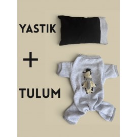 Milky Moo Moo Dreams Kedi Tulumu ve Mini Yastık Takımı | Gri Melanj Kalın Penye Kedi Pijaması | Yumuşak İnek Oyuncak Aksesuarlı