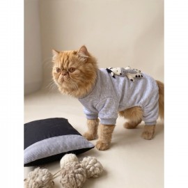 Milky Moo Moo Dreams Kedi Tulumu ve Mini Yastık Takımı | Gri Melanj Kalın Penye Kedi Pijaması | Yumuşak İnek Oyuncak Aksesuarlı