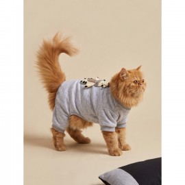 Milky Moo Moo Dreams Kedi Tulumu ve Mini Yastık Takımı | Gri Melanj Kalın Penye Kedi Pijaması | Yumuşak İnek Oyuncak Aksesuarlı