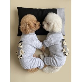 Milky Moo Moo Dreams Köpek Tulumu ve Mini Yastık Takımı | Gri Melanj Kalın Penye Köpek Pijaması | Yumuşak İnek Oyuncak Aksesuarlı