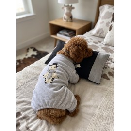 Milky Moo Moo Dreams Köpek Tulumu ve Mini Yastık Takımı | Gri Melanj Kalın Penye Köpek Pijaması | Yumuşak İnek Oyuncak Aksesuarlı