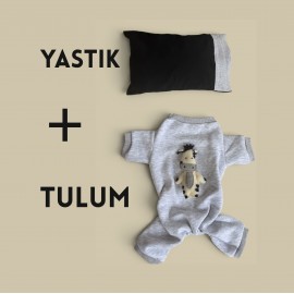 Milky Moo Moo Dreams Köpek Tulumu ve Mini Yastık Takımı | Gri Melanj Kalın Penye Köpek Pijaması | Yumuşak İnek Oyuncak Aksesuarlı