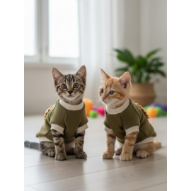 Minik Aslan Kedi Sweatshirt Haki Sıcak Tutan Yumuşak Kedi Kıyafeti
