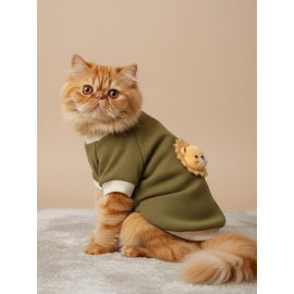 Minik Aslan Kedi Sweatshirt Haki Sıcak Tutan Yumuşak Kedi Kıyafeti