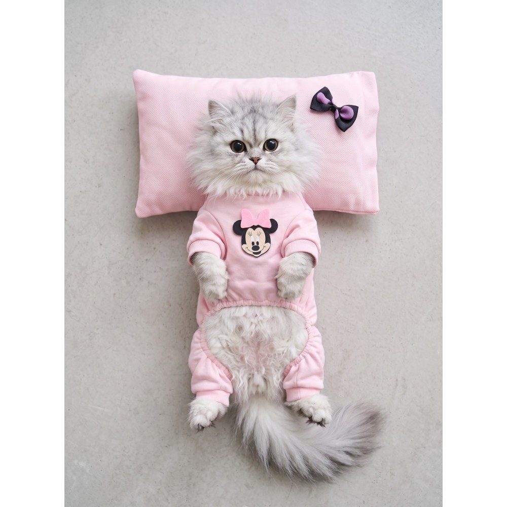 Pinkie Mouse Kedi Uyku Seti | Pembe Kalın Penye Kedi Tulumu ve Kurdele Detaylı Mini Yastık | 2 Parça