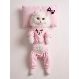 Pinkie Mouse Kedi Uyku Seti | Pembe Kalın Penye Kedi Tulumu ve Kurdele Detaylı Mini Yastık | 2 Parça