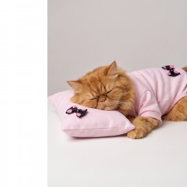 Pinkie Mouse Kedi Uyku Seti | Pembe Kalın Penye Kedi Tulumu ve Kurdele Detaylı Mini Yastık | 2 Parça