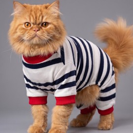 Mon Amour Çizgili Kedi Tulumu | Pamuklu Penye Kedi Kıyafeti | Küçük Irklar İçin | Tüy Dökülmesini Azaltır