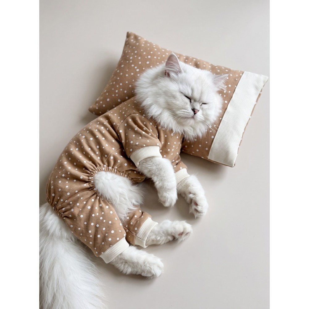 Latte Sprinkles Kedi Uyku Seti | Penye Kedi Tulum ve Mini Yastık Takımı | Pamuklu | Tüy Dökülmesini Azaltır | 