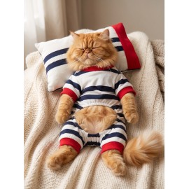 Mon Amour Çizgili Kedi Uyku Seti | Penye Kedi Tulum ve Mini Yastık Takımı | Pamuklu | Tüy Dökülmesini Azaltır | 