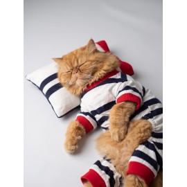 Mon Amour Çizgili Kedi Uyku Seti | Penye Kedi Tulum ve Mini Yastık Takımı | Pamuklu | Tüy Dökülmesini Azaltır | 
