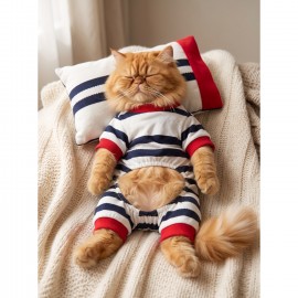 Mon Amour Çizgili Kedi Uyku Seti | Penye Kedi Tulum ve Mini Yastık Takımı | Pamuklu | Tüy Dökülmesini Azaltır | 