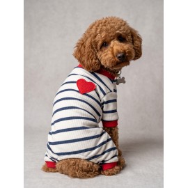 Mon Amour Çizgili Köpek Tulumu | Pamuklu Penye Köpek Pijaması | Küçük Irklar İçin | Tüy Dökülmesini Azaltır
