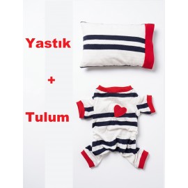 Mon Amour Çizgili Köpek Uyku Takımı | Pamuklu Penye Köpek Tulumu ve Mini Yastık | Küçük Irklar İçin | Tüy Dökülmesini Azaltır