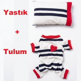 Mon Amour Çizgili Köpek Uyku Takımı | Pamuklu Penye Köpek Tulumu ve Mini Yastık | Küçük Irklar İçin | Tüy Dökülmesini Azaltır