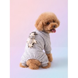 Moo Moo Cozy Köpek Tulumu | Gri Melanj Kalın Penye Köpek Kıyafeti | Yumuşak İnek Oyuncak Aksesuarlı