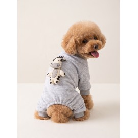 Moo Moo Cozy Köpek Tulumu | Gri Melanj Kalın Penye Köpek Kıyafeti | Yumuşak İnek Oyuncak Aksesuarlı