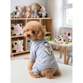 Moo Moo Cozy Köpek Tulumu | Gri Melanj Kalın Penye Köpek Kıyafeti | Yumuşak İnek Oyuncak Aksesuarlı