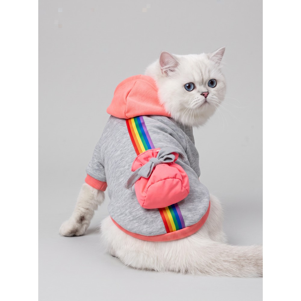 Rainbow Kedi Sweatshirt | Kapüşonlu Gökkuşağı Detaylı Kedi Kıyafeti | Kedi Hoodie