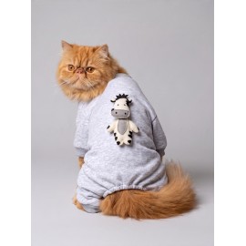 Moo Moo Cozy Kedi Tulumu | Gri Melanj Kalın Penye Kedi Kıyafeti 