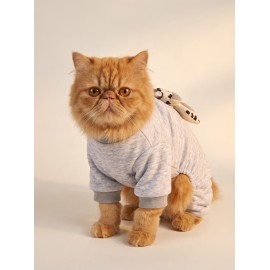 Moo Moo Cozy Kedi Tulumu | Gri Melanj Kalın Penye Kedi Kıyafeti 
