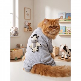 Moo Moo Cozy Kedi Tulumu | Gri Melanj Kalın Penye Kedi Kıyafeti 