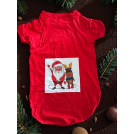 Noel Baba ve Geyik Baskılı Kırmızı Pamuklu Yılbaşı Köpek Tişörtü | Orta ve Büyük Irklar İçin