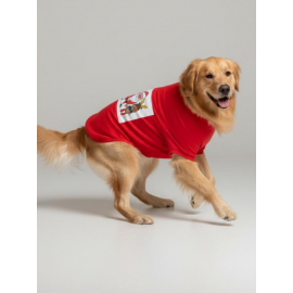 Noel Baba ve Geyik Baskılı Kırmızı Pamuklu Yılbaşı Köpek Tişörtü | Orta ve Büyük Irklar İçin