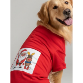 Noel Baba ve Geyik Baskılı Kırmızı Pamuklu Yılbaşı Köpek Tişörtü | Orta ve Büyük Irklar İçin