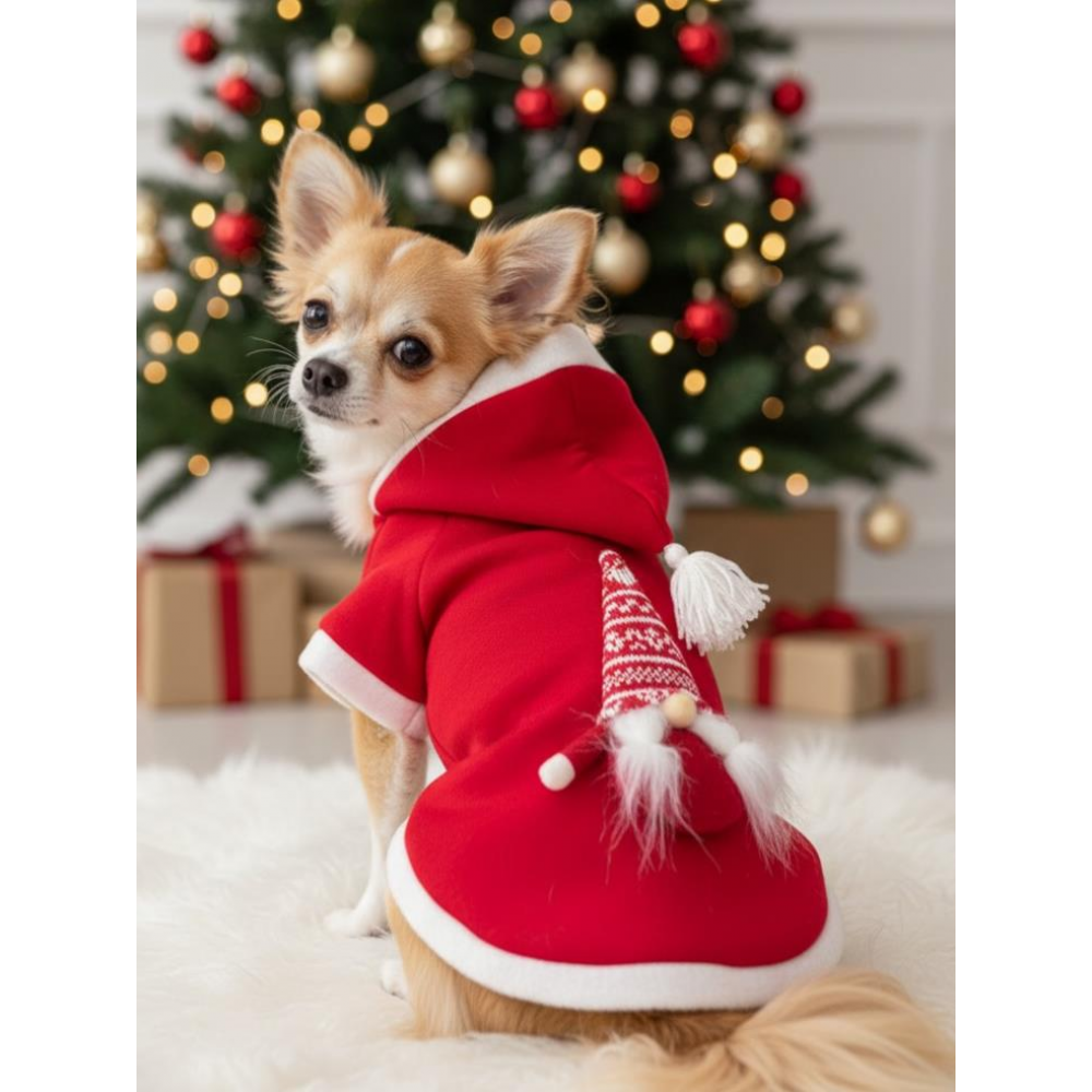 Noel Cücesi Gnome Yılbaşı Köpek Kıyafeti Noel Cücesi Gnome Kırmızı Polar | Kapüşonlu Noel Köpek Sweatshirt | Küçük Irklar İçin Premium