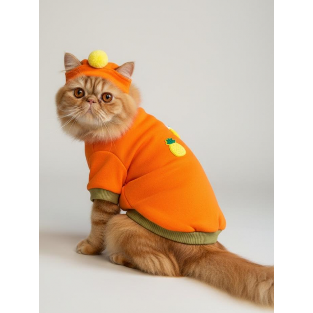 Pineapple and Ice Cream Turuncu Haki Kedi Polar Sweatshirt ve Bere Takım Kedi Kıyafeti