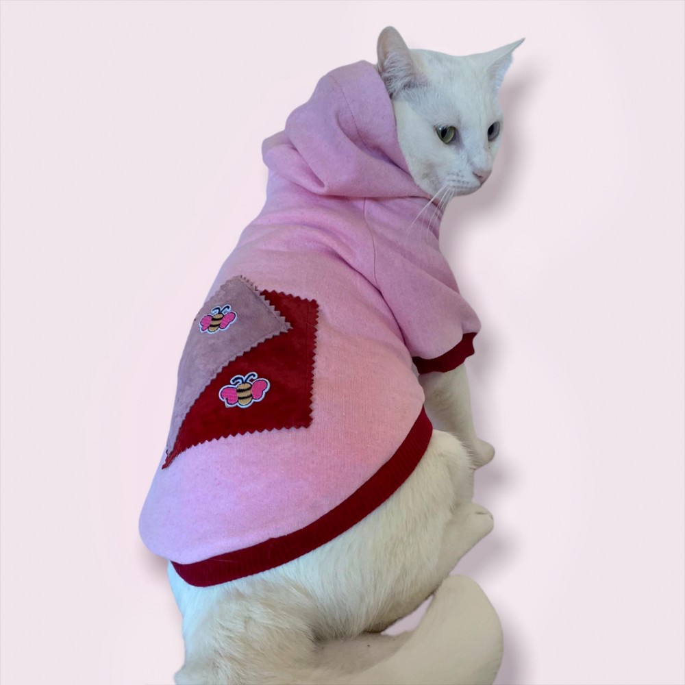 Pink Burgundy Bee Kapşonlu Sweatshirt  Kedi Kıyafeti 