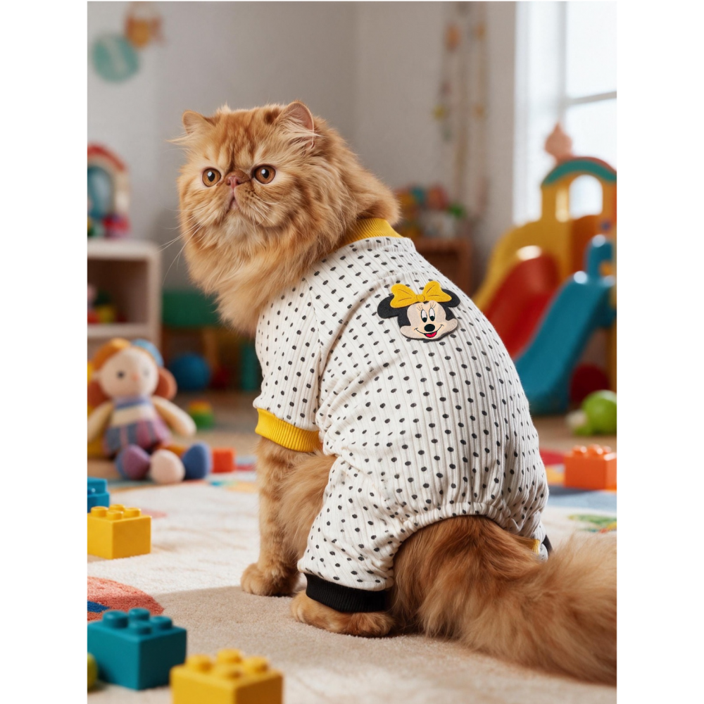 Spotty Sunny Minny Kedi Tulumu | Siyah Beyaz Puantiyeli Penye Kedi Pijaması