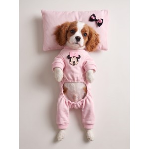 Pinkie Mouse Köpek Uyku Seti | Pembe Kalın Penye Köpek Tulumu ve Kurdele Detaylı Mini Yastık | 2 Parça