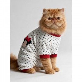 Polka Dot Rouge Minny Kedi Tulumu | Siyah Beyaz Puantiyeli Penye Kedi Pijaması