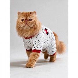 Polka Dot Rouge Minny Kedi Tulumu | Siyah Beyaz Puantiyeli Penye Kedi Pijaması