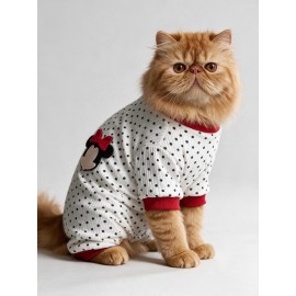 Polka Dot Rouge Minny Kedi Uyku Seti | Siyah Beyaz Puantiyeli Penye Kedi Tulumu ve Mini Yastık | 2 Parça