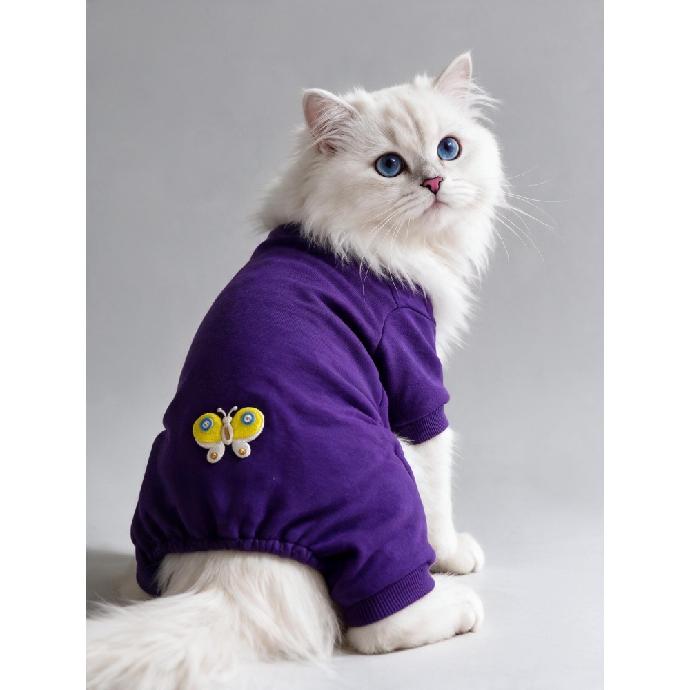 Butterfly Violet Kedi Tulumu | Mor Renk 3D Yumuşak Kelebek Aksesuarlı Penye Kedi Kıyafeti