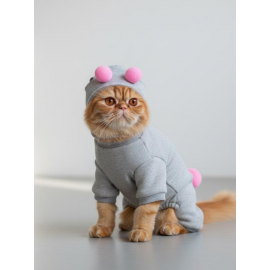 Ponpon Şeker Kedi Tulumu & Bere Takımı | Şardonlu Polar Kumaş | Tüy Dökülmesini Azaltır