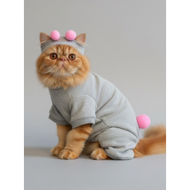 Ponpon Şeker Kedi Tulumu & Bere Takımı | Şardonlu Polar Kumaş | Tüy Dökülmesini Azaltır