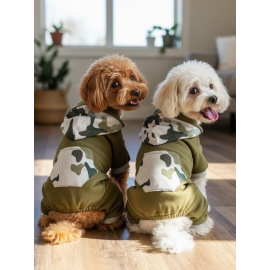 Kamuflaj Desenli Köpek Tulumu | Kapüşonlu | Pamuklu Polar Kumaş | Haki Yeşil | Küçük Irklar İçin