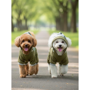 Kamuflaj Desenli Köpek Tulumu | Kapüşonlu | Pamuklu Polar Kumaş | Haki Yeşil | Küçük Irklar İçin