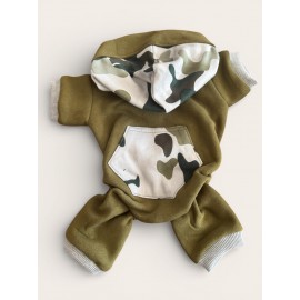 Kamuflaj Desenli Köpek Tulumu | Kapüşonlu | Pamuklu Polar Kumaş | Haki Yeşil | Küçük Irklar İçin