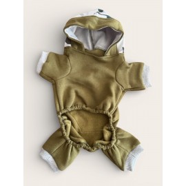 Kamuflaj Desenli Köpek Tulumu | Kapüşonlu | Pamuklu Polar Kumaş | Haki Yeşil | Küçük Irklar İçin